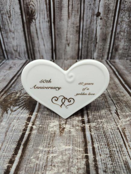 Russ Porcelain 50th Anniversary Message Plaque Heart Shape Gold Print NIB - Picture 3 of 4